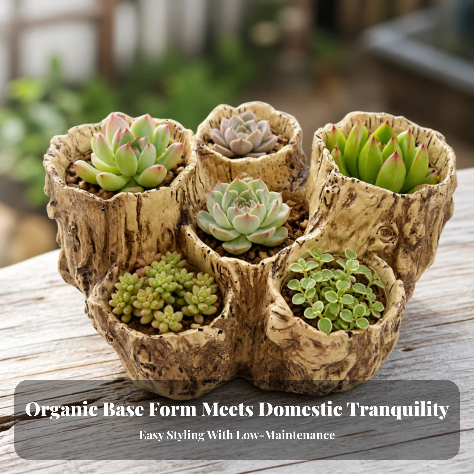 Tree Stump Planter Faux Wood Stump Planter Multi-Opening Plant Pot Resin Log-Like Pot Rustic for Succulent Lovers, Tabletop