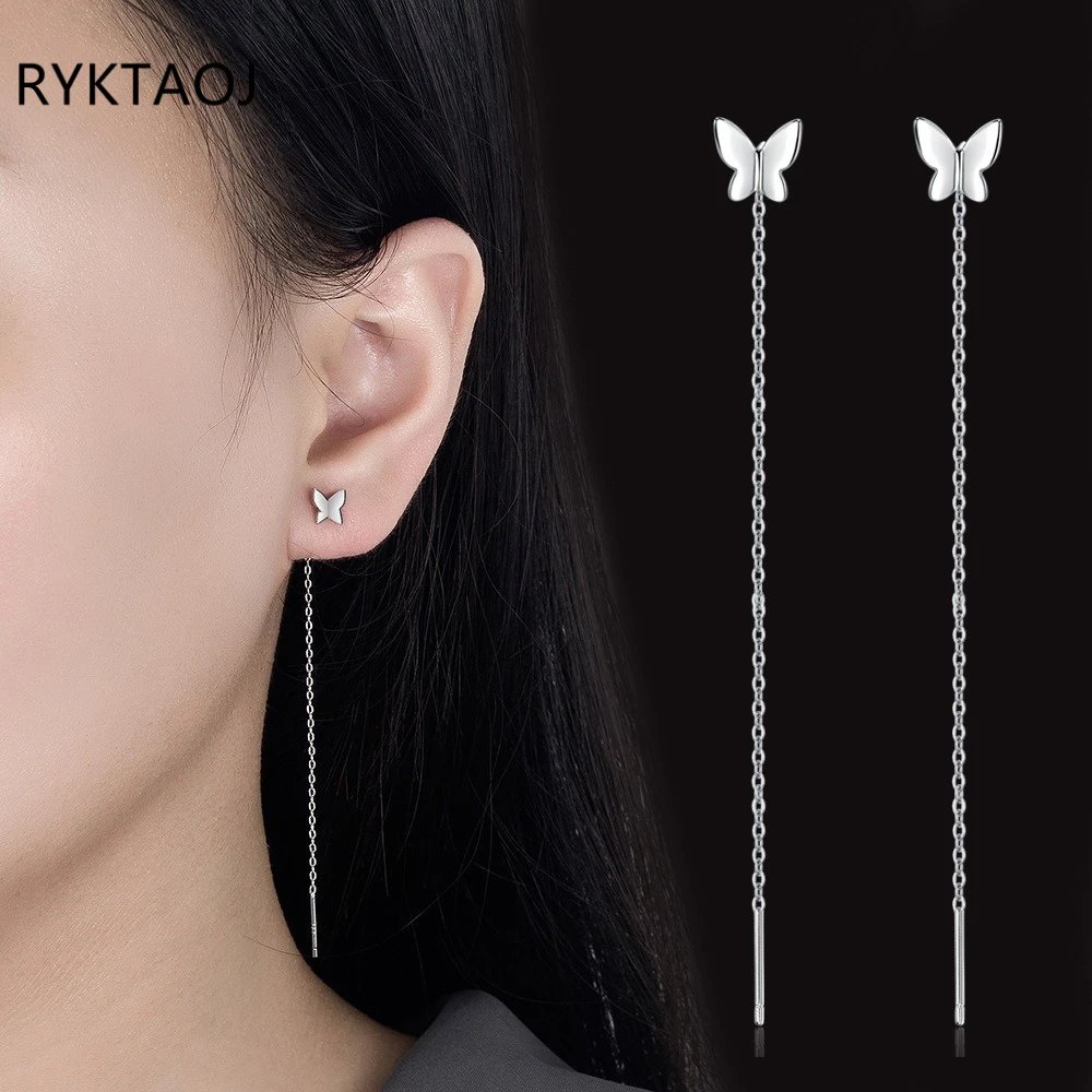 925 Sterling Silver Butterfly Threader Earrings for Women Long Chain Pull Through Dangle Earrings Minimalist Fashion Jewelry