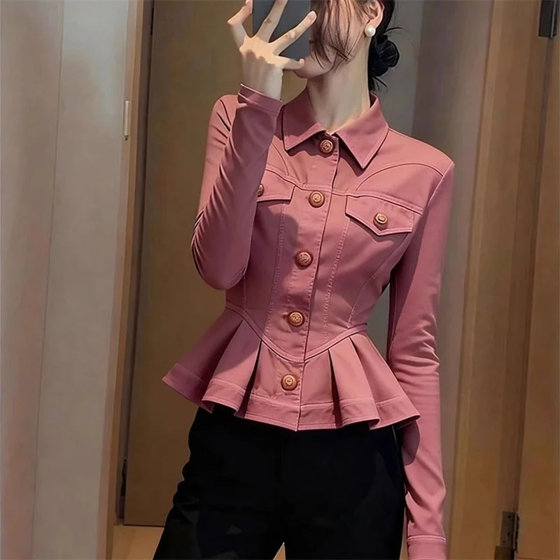 

Fashion Design Women's Shirt Blouse 2026 New Spring Autumn Clothing Short Slim Bean Sand Colored Shirt Jacket Female Top