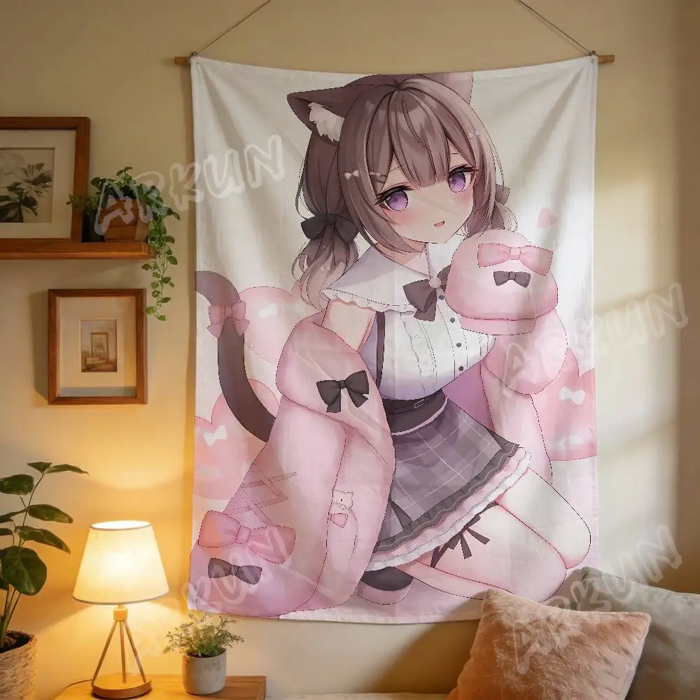 Hot Cute Sweet Pastel Anime Style Wall Tapestry, Cute Cat Rabbit Ear Girls Print Girly Manga Art Backdrop Bedroom Wall Decor