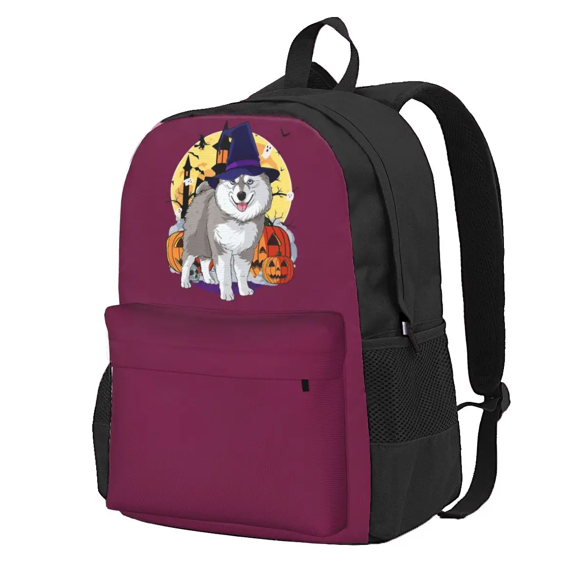 Happy Halloween Pomsky Dog Witch Pumpkin Student Backpack School Bag Hiking Travel Daypack Fashion Bookbag Shoulder Bags