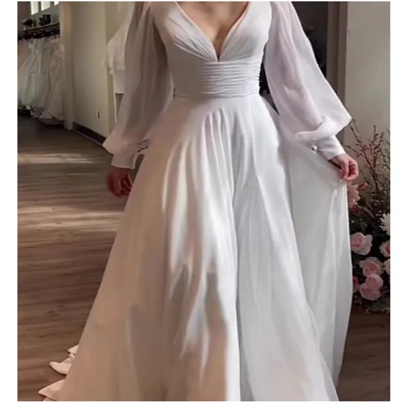 Simple Wedding Dresses Little White Dress Bridal Shower Dresses Wedding Dresses A-Line V Neck Long Sleeve Court Train Dresses