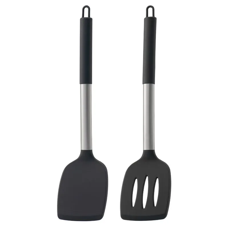 2Pcs Silicone Cooking Spatula Set with Stainless Steel Handle High Heat Resistant Solid & Slotted Turner Steak Kitchen Utensils