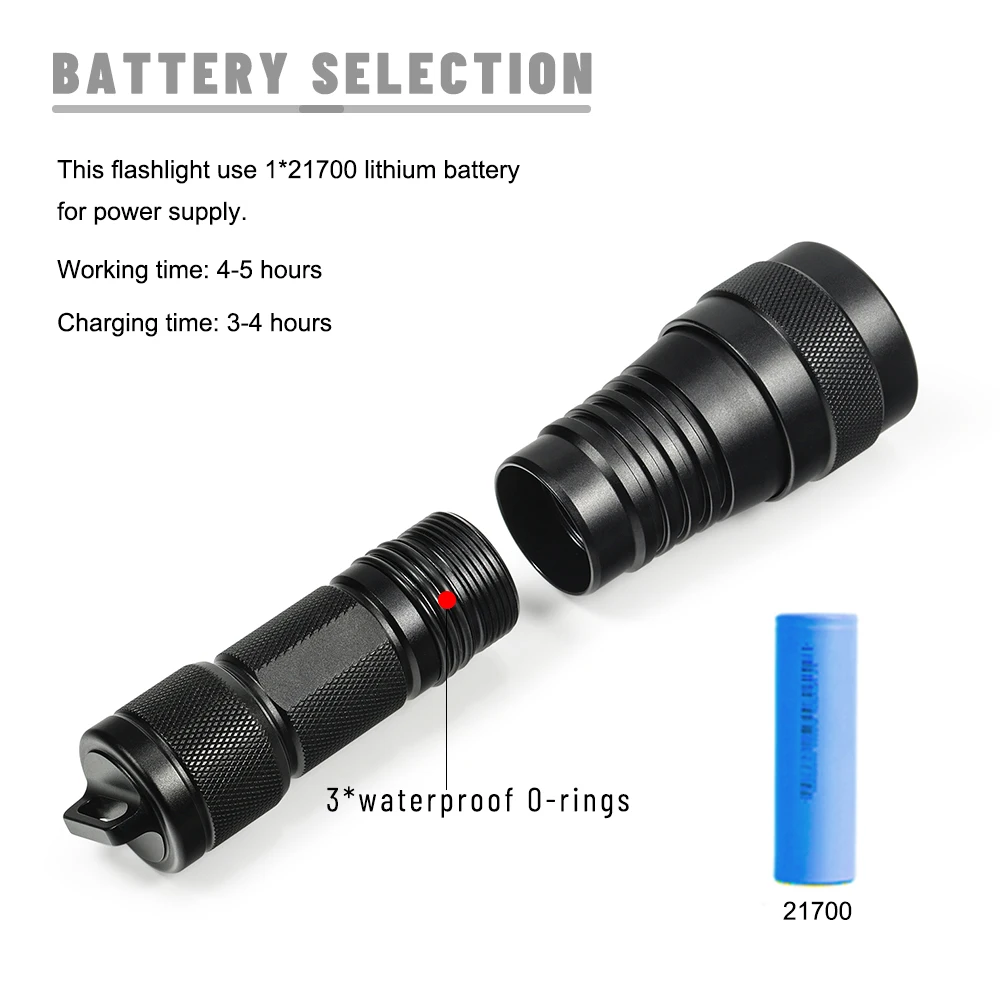 Asafee 150M Deep Diving L2 LED Flashlight 1 Mode 1050LM Rotary Switch 260M Range Scuba Dive Light IPX8 Waterproof Torch