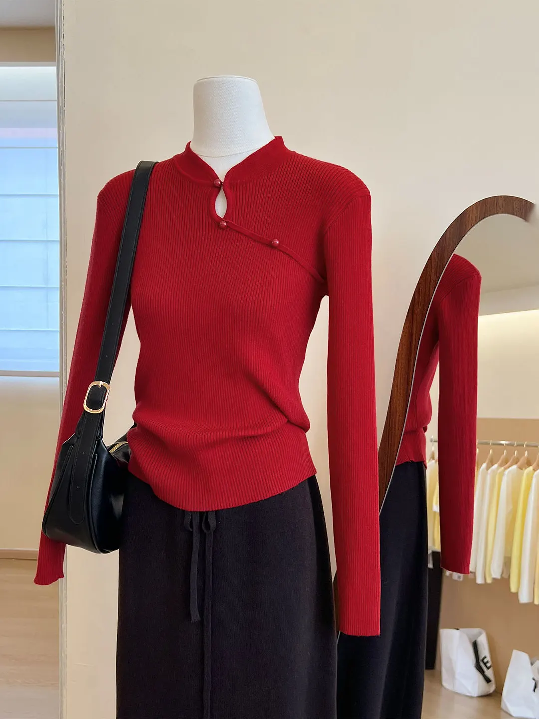 

Red Knitted Long Sleeve Women's Sweater Chinese Style Twist Hollow out Slim Fit Autumn Top for Date Citywalk Traveling