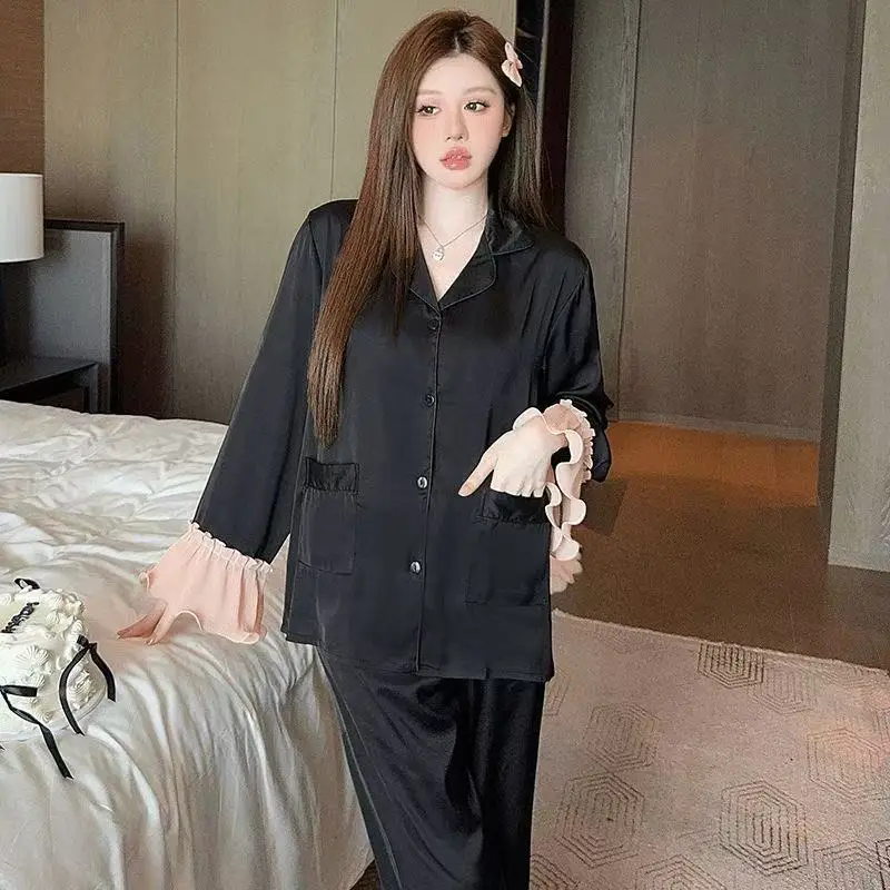 Luxury Ice Silk Pajama Sets Patchwork Long Sleeve Lapel Tops Button Long Sleeve Homewear Sweet Pajamas for Women Sleepwear Chic