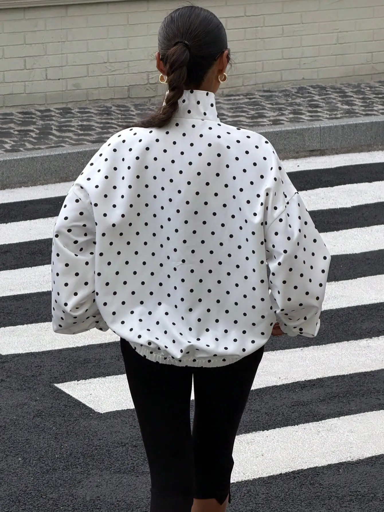 Women Polka Dot Stand Collar Zip Up Jacket Oversized Long Sleeve Loose Casual Windbreaker Coat With Pockets Streetwear