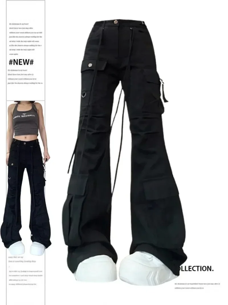 Women Black Gothic Flare Jeans Harajuku Vintage Emo 2000s Y2k Baggy Denim Trousers Oversize Wide Cowboy Pants 90s Trashy Clothes