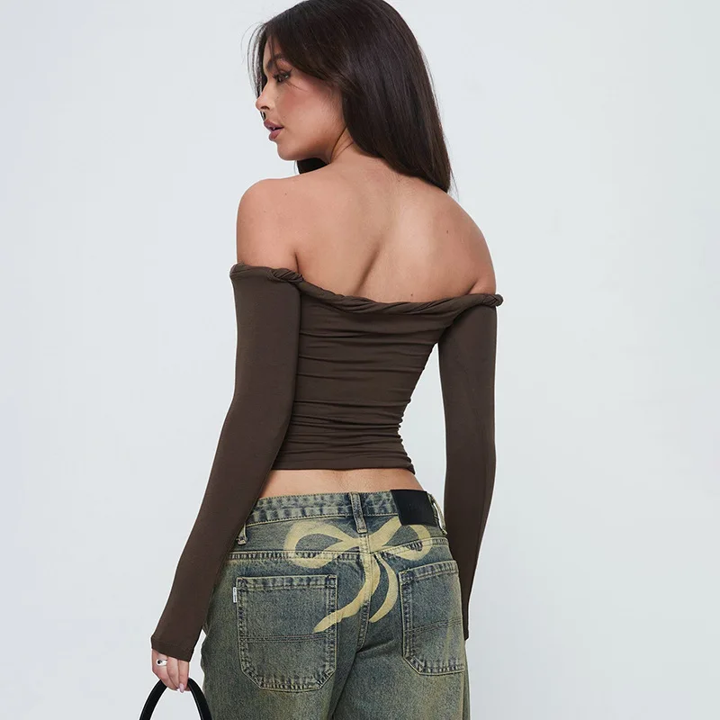 Apprabant Solid Twisted Strapless Tops Women Fashion One Line Shoulder Sexy Backless Long Sleeve Casual Slimming T-shirt