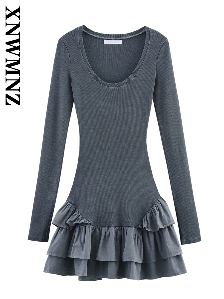 

XNWMNZ 2025 Spring Lady Elegant O-Collar Dresses Mini Skirt Sophisticated Summer Female Long Sleeve Top Tierred Dress Ruffles