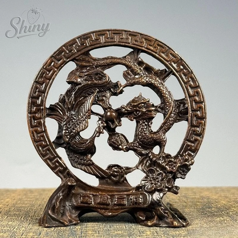 

Antique Purple Copper Dragon and Phoenix Statues Chinese Ancient Wedding Room Ornament Retro Home Decoration Sculptures
