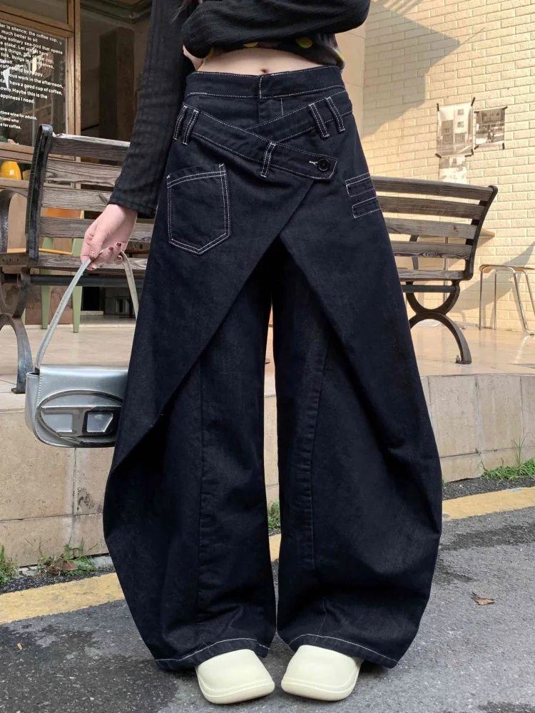 2025 Ropa Y2K Streetwear Patchwork escalonado negro holgado pantalones vaqueros apilados Ropa de mujer pantalones vaqueros holgados de pierna ancha