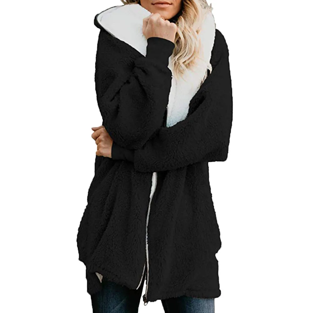 

Zip Up Fleece Jackets Womens Pockets Hooded Pullover Warm Wool Pockets Coat Outwear Elegant Cardigan Thick Plush Winter Jackets