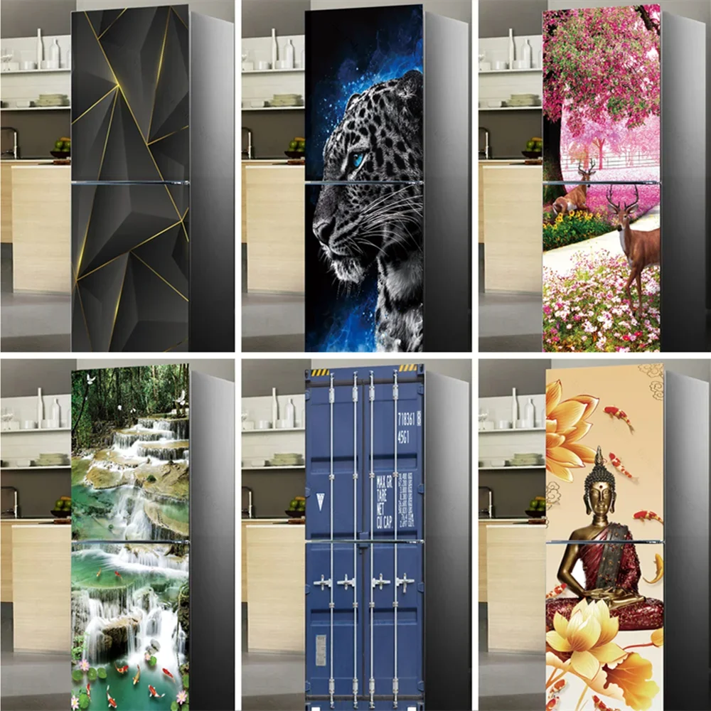 PVC Blu-ray Black Cheetah Wallpaper For Fridge Self-Stick Waterproof Cover Decal Carp Buddha Home Decor Door Sticker Wall Mural