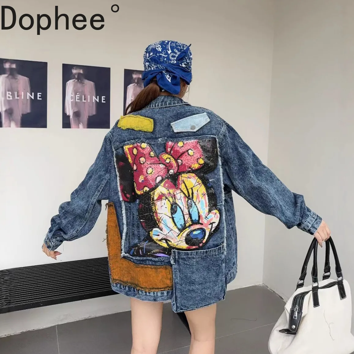 

Модная новинка 2025, осенняя джинсовая куртка с цветными блоками и блестками Микки, универсальные однобортные свободные кардиганы, пальто, красивая верхняя одежда