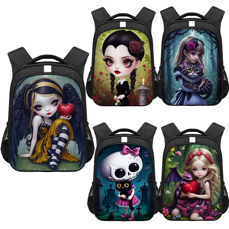 Gothic Girls Skull Print Backpack Fantasy Angel Women Rucksacks Children School Bag for Teenager Daypack Vampire Bat Book Bags