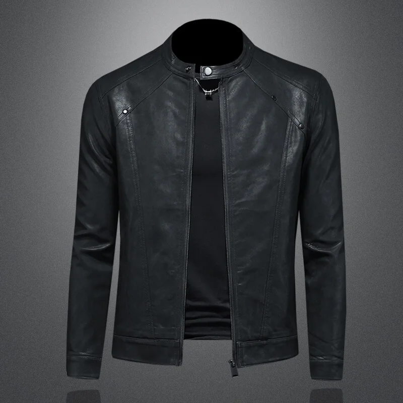 

Мужская кожаная мотоциклетная куртка Slim Fit с воротником-стойкой, осенняя новинка, молодежная повседневная модель с длинными рукавами на молнии