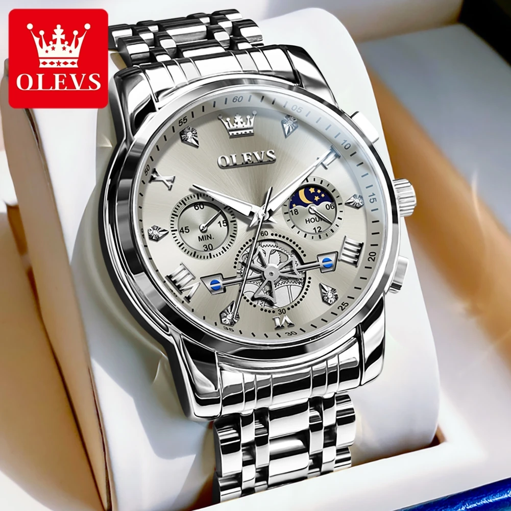 OLEVS Mens Watches Top Brand Luxury Tourbillon Quartz Watch for Men Stainless Steel Waterproof Fashion Chronograph WristWatches