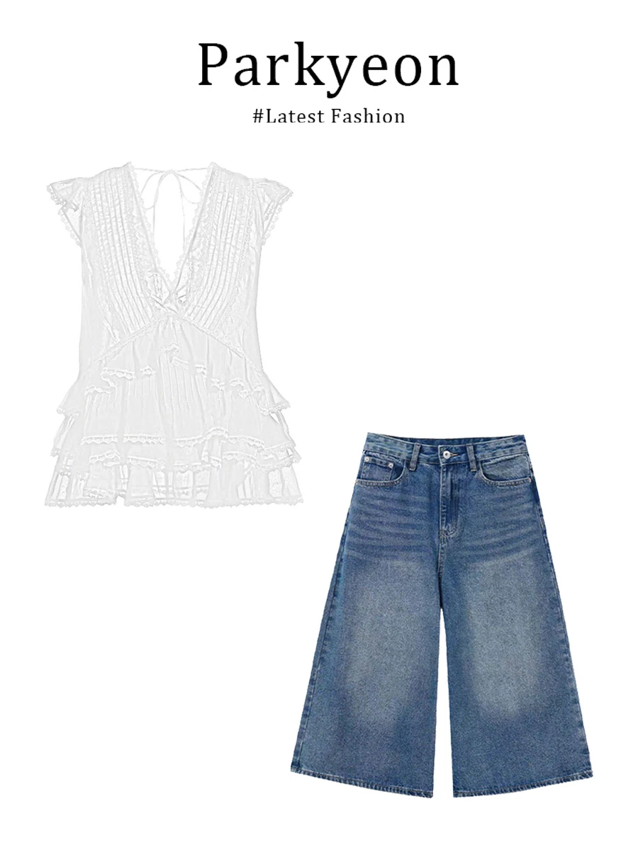 

Parkyeon Summer Fashion Set Short Sleeve Chiffon Shirt with Lace Hemming And Slim Fit Seven-Piece Pants for Young Women