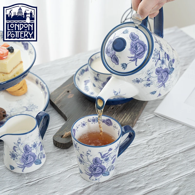 LondonPottery Blue Rose Range Afternoon Tea Set Ceramic Coffee Cup Saucer Sugar Jar Creamer Teapot with Infuser Mug Cake Stand