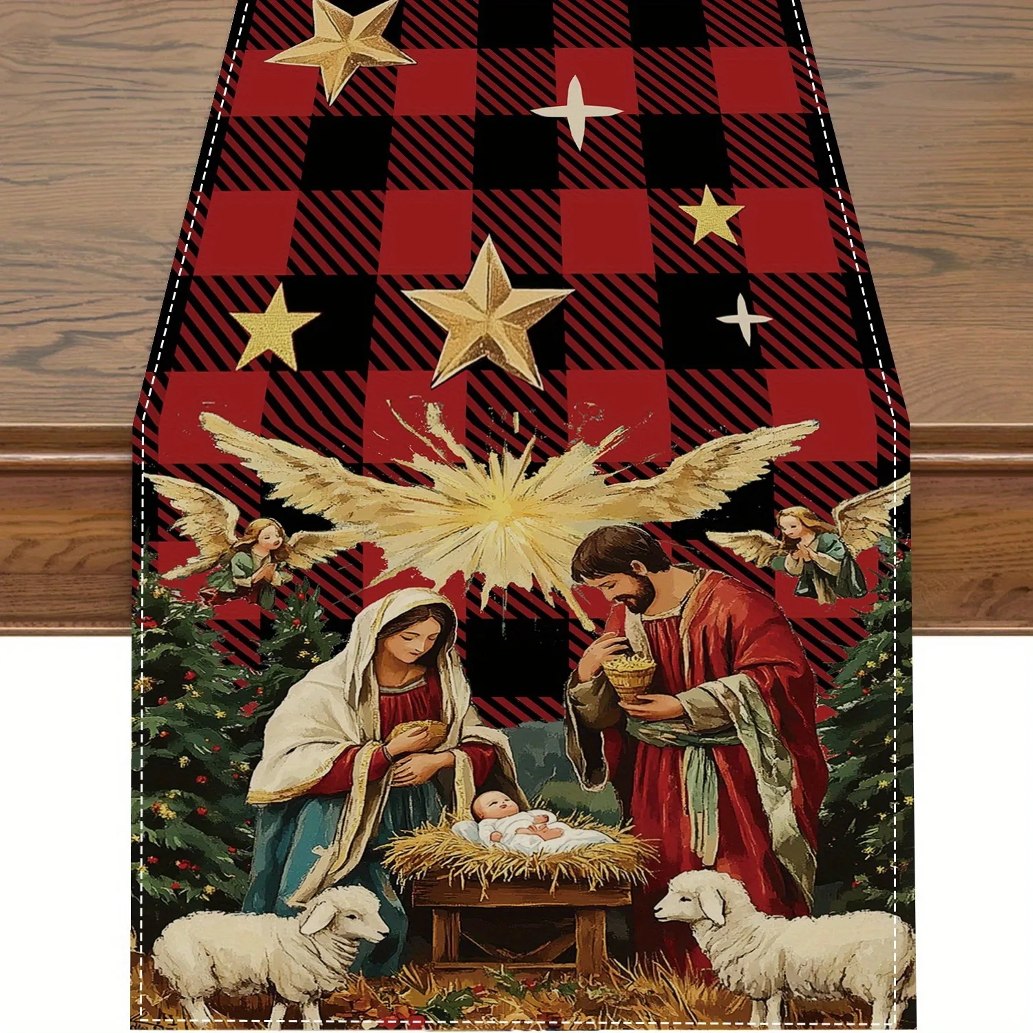 Christmas Nativity Table Runner, Buffalo Plaid Holy Family Angel Sheep Print, Religious Winter Holiday Dining Table Decor