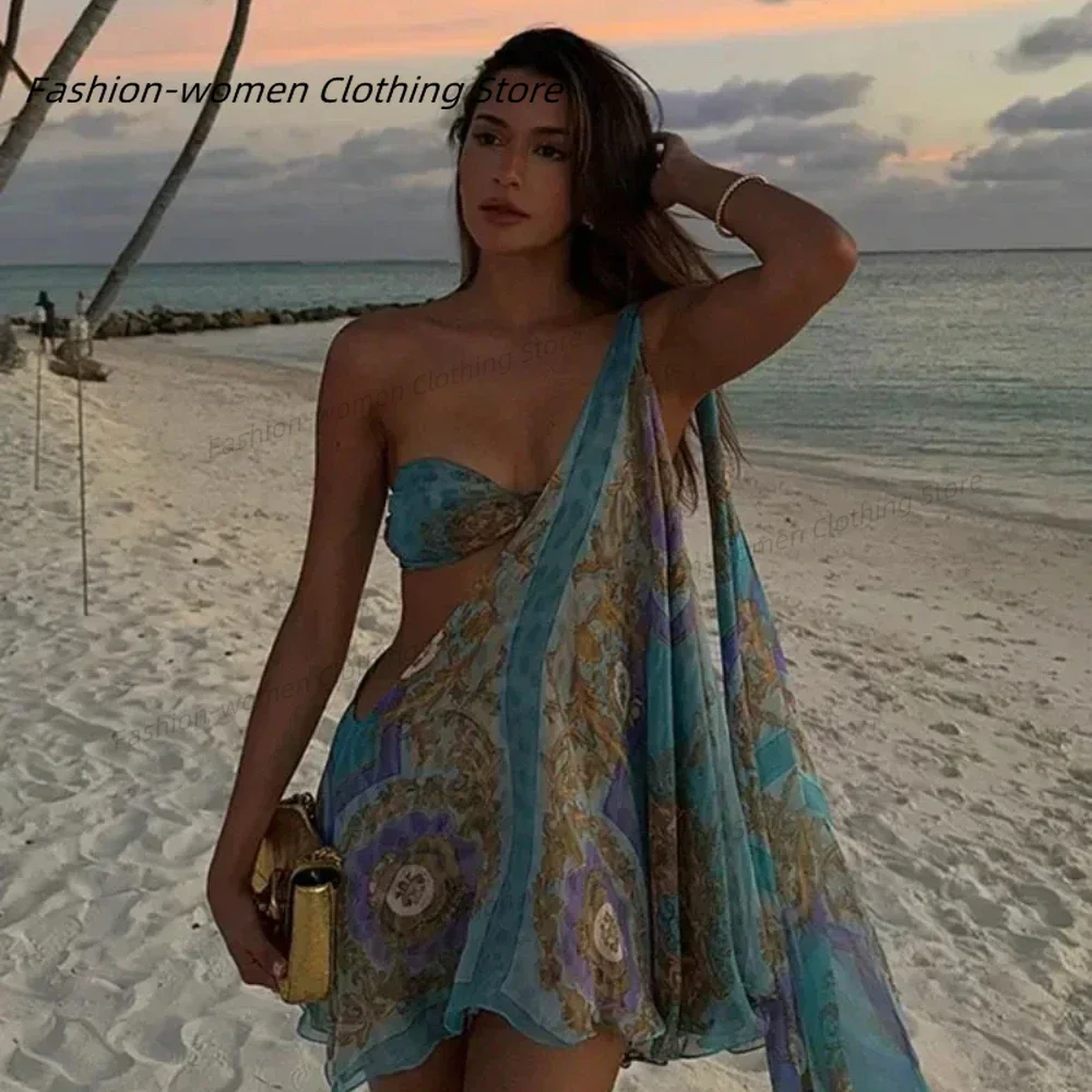 Women Off Shoulder Hollowed Out Mini Dress 2 Pics Set Sexy One Shoulder Vest Backless Satin Vestidos 2024 Party Club Beach Robe