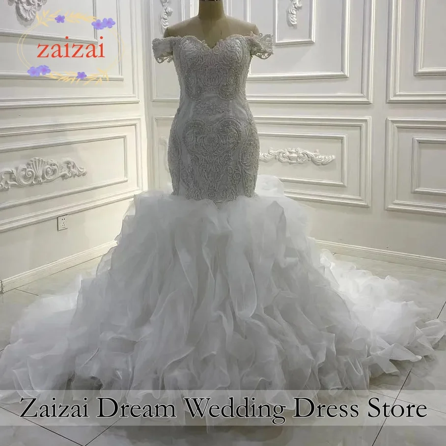 Customized Luxury V Neck Full Pearls Beads Mermaid Wedding Dress Robes De Mariée Off The Shoulder Cascading Ruffles Bridal Go