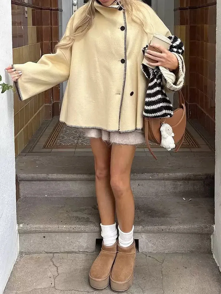 معاطف خارجية أنيقة بياقة واقفة وأزرار للنساء معاطف فضفاضة غير متماثلة بأكمام طويلة وخياطة متباينة