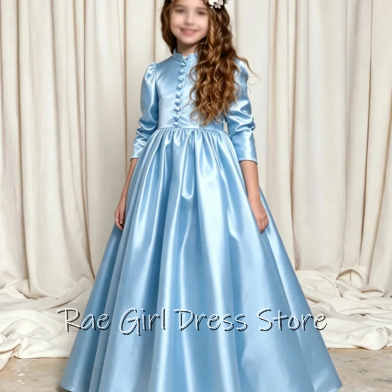 Customized Modest Flower Girl Dress Wine Red Satin High Collar Buttons 3/4 Sleeves A-line Floor Length Kids Gown