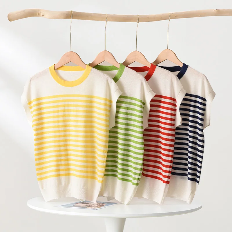 WinvyNee Summer Women's Clothing Wool Sleeveless Tops O Neck Half Sleeve T-Shirts Striped Casual Knitted Pullovers ZA1102002