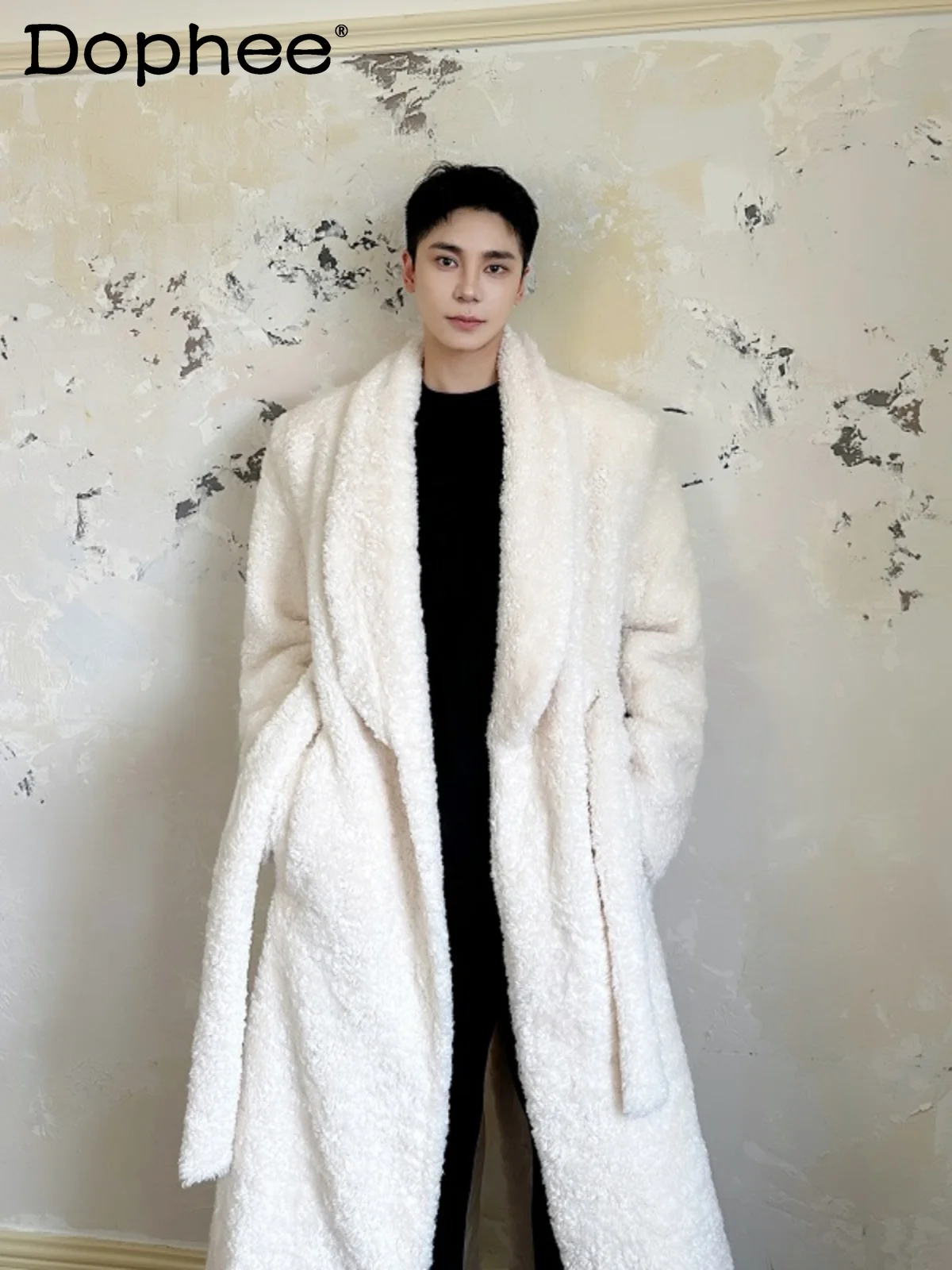 2024 Winter New Trendy Male Thickened Plush Coats Men's Long Knee High-end Lapel Warm Imitation Fur Plush Long-sleeve Jackets