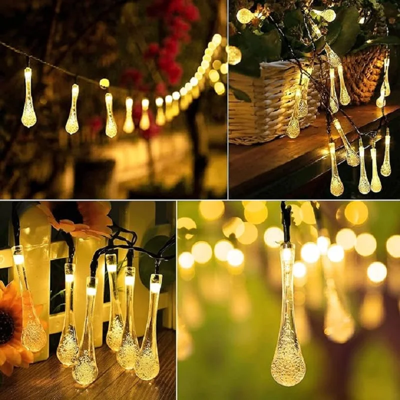 Solar Lights LED Water Drop String Lights Outdoor Waterproof Solar Teardrop Lights for Gardens Patio Yard Party Holiday Decor