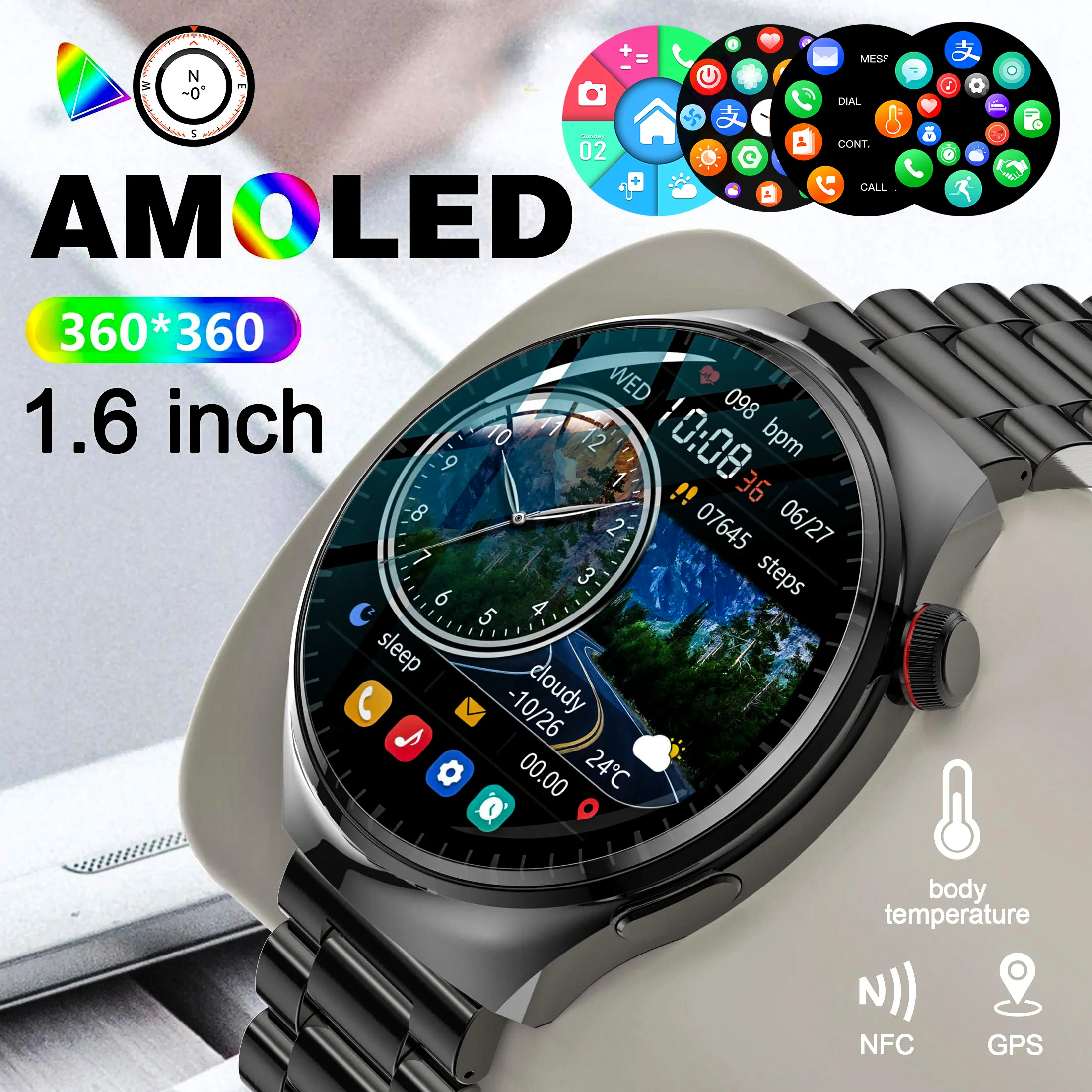 

LEMFO Смарт-часы для мужчин Pro AMOLED HD 1,6-экран Bluetooth-вызов с GPS-треком NFC Монитор сердечного ритма водонепроницаемые спортивные умные часы