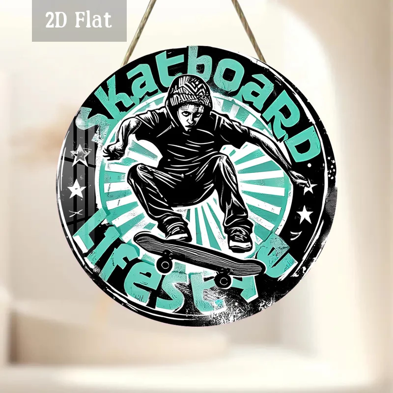 2D Flat, 1pc Urban Street Art Skateboard-Themed Round Wood Panel Wall Decor - Retro Grunge Suitable for Home, Garage, Cafe, Dini