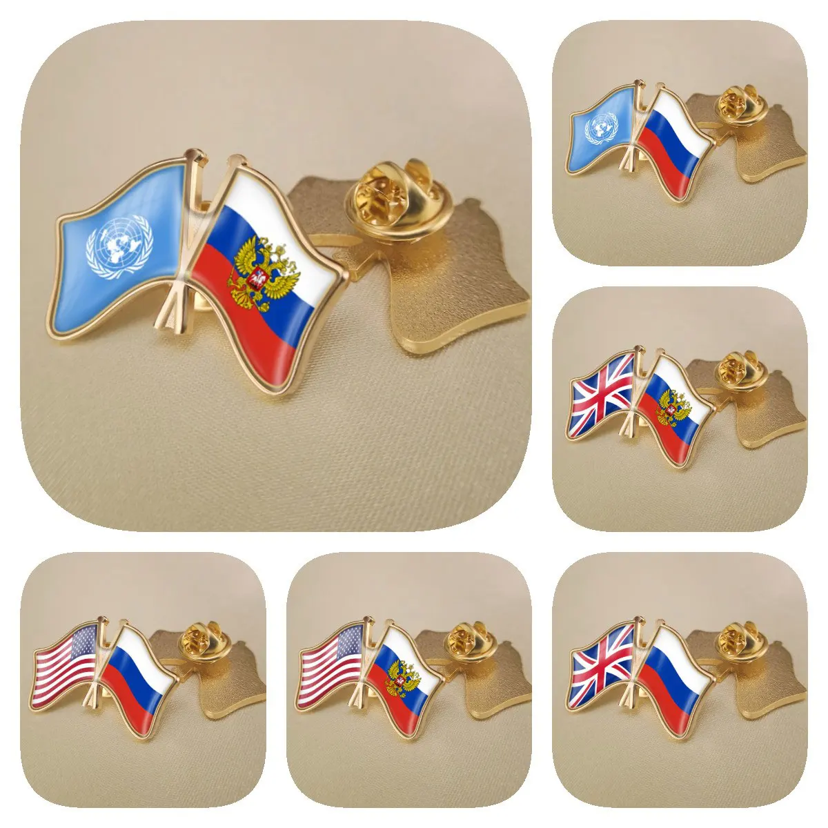 Russian Federation and United Kingdom United Nations United States Double Crossed Friendship Flags Brooches Lapel Pins Badges