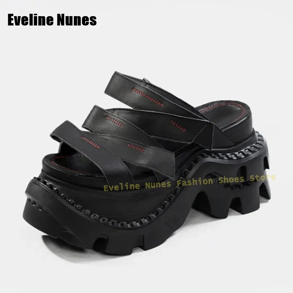 Hook and Loop Platform Slippers Open Toe Thick Sole Cut Out Patchwork Sewing Punk Sandals 2025 Summer New Arrivals Shoes Trend