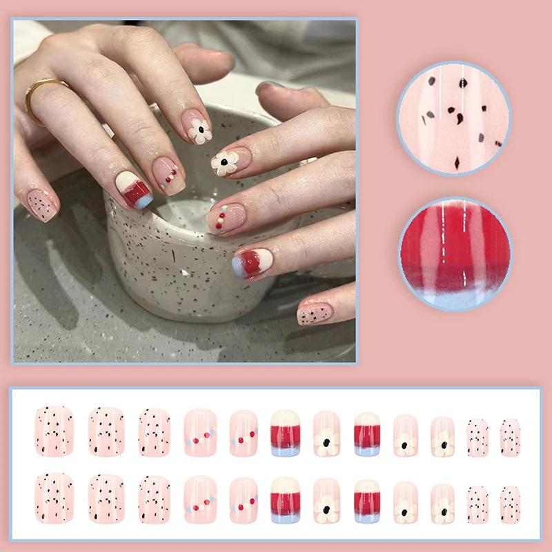 

Glitter Flower 24Pcs Press On Fake Nails Glossy Artificial Finger Manicure Reusable Removable False Nails