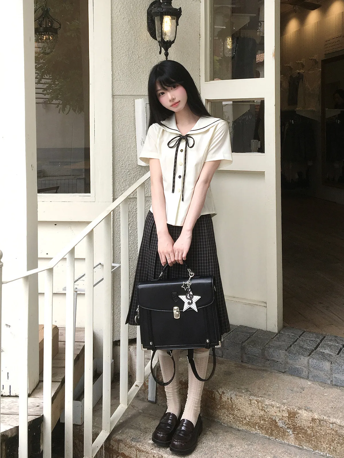 Coalfell 【Apricot Flower Time】Japanese Style Elegant Pleated Plaid Skirt Women College White Sailor Collar Short Sleeve JK Shirt