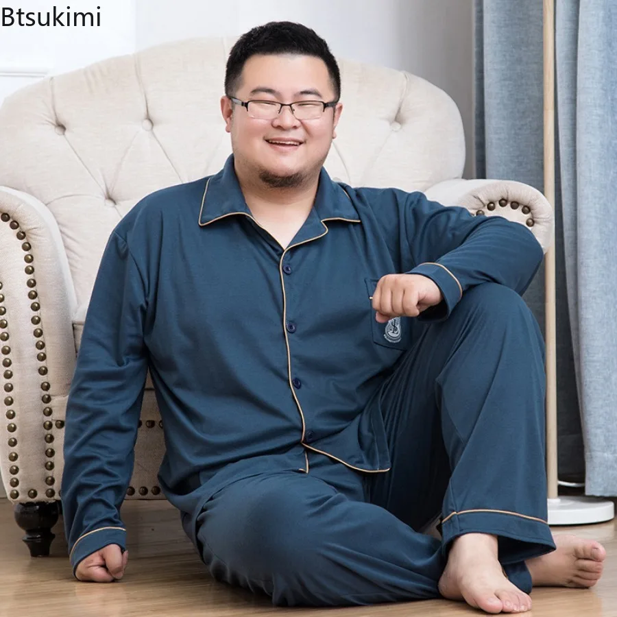 Big Size 5XL Men's Long Sleeve Cotton Pajama Sets Autumn Winter Korean Style Sleepwear Sets Home Clothes for Men Clothing Sets