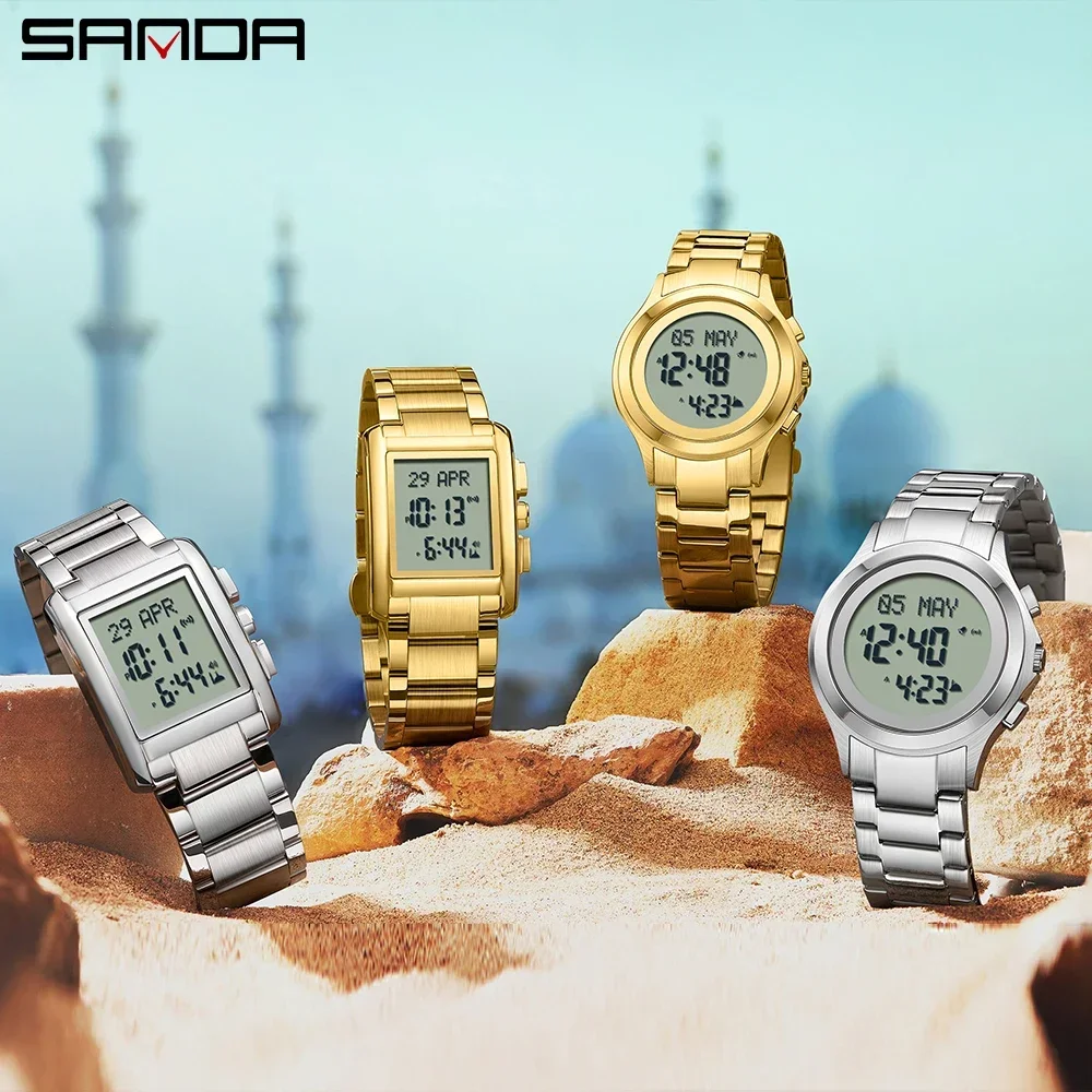 Sanda 6170 Middle East Full Stainless Steel Golden Arabic Tide Fashion Multi Functional Reminder Direction Indicator Led Watches