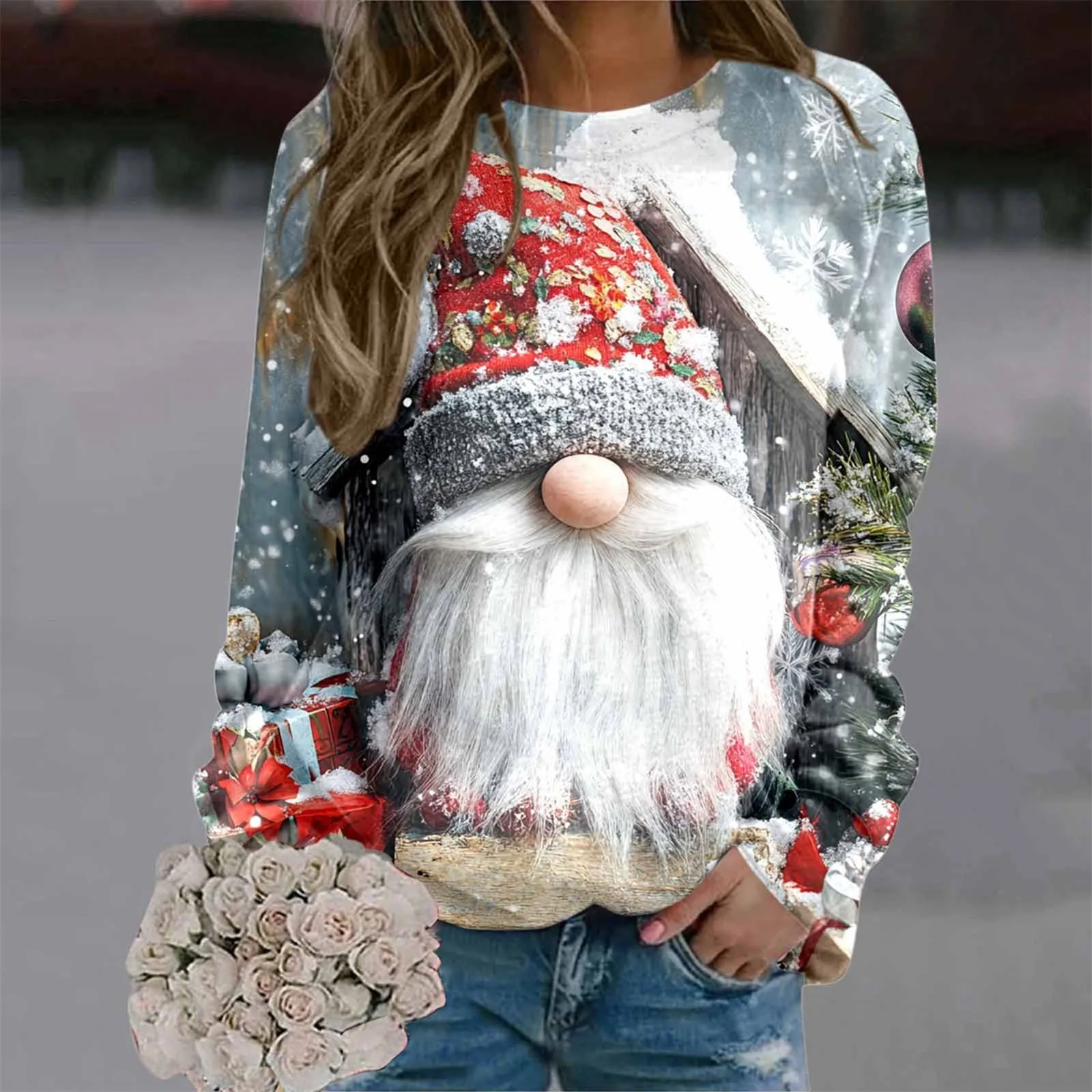 

Women Christmas Theme Print Shirt Casual Loose Round Neck Sweatshirt Autumn Long Sleeve Top For Female