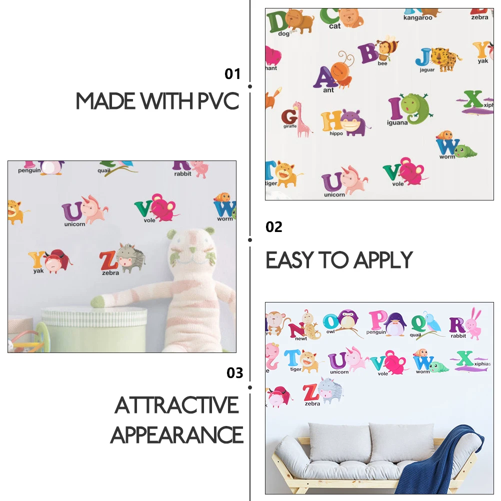 

2 pcs Wall Stickers Decorative Animal Alphabet Paper Appliques for Kids Room Bedroom Living Space Easy Apply Remove