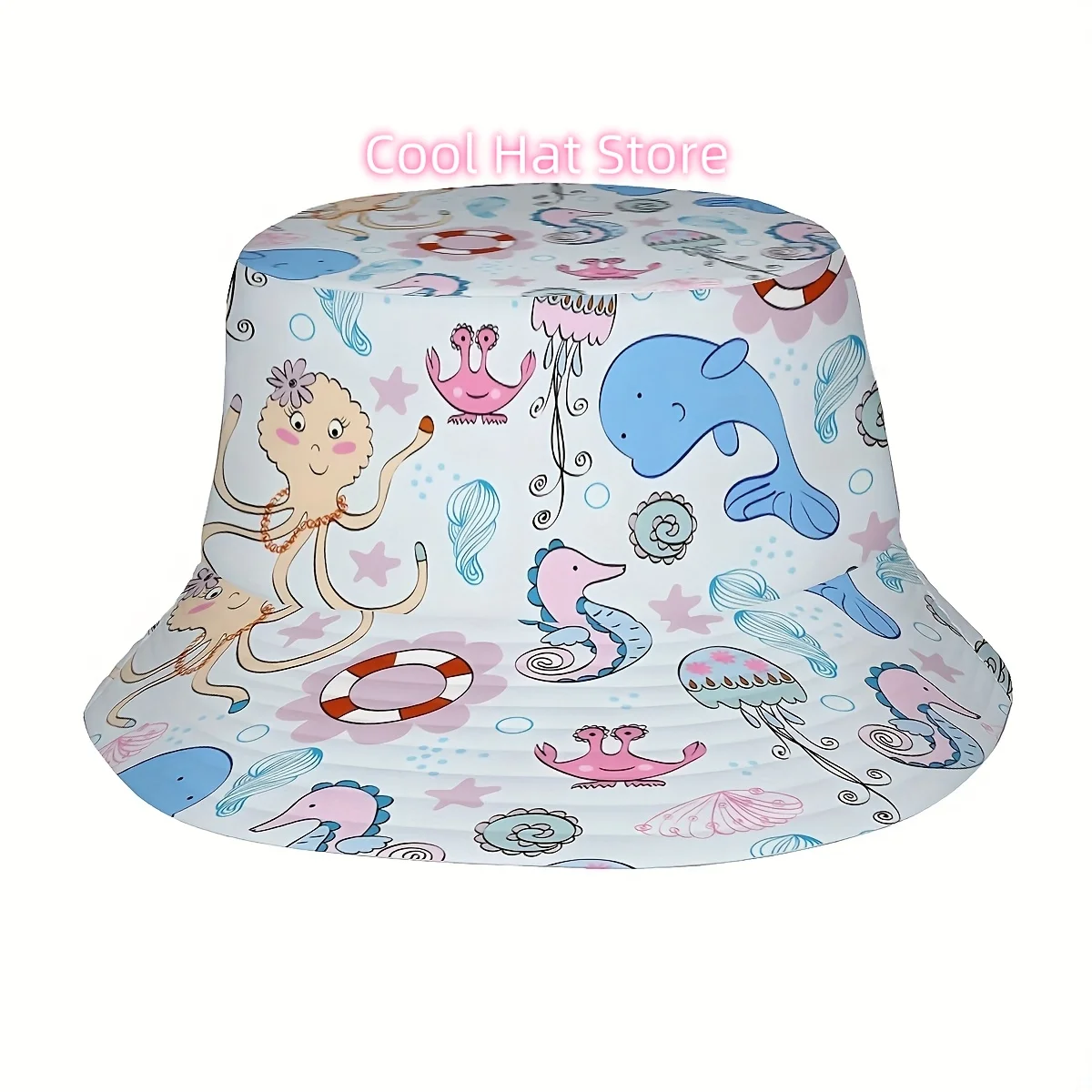 1pc & s Marine Life Bucket Hat - Unisex Fisherman with Nemo, Shark, Seahorse & Dolphin Print, Wide Brim for Beach, Fishing, Hiki