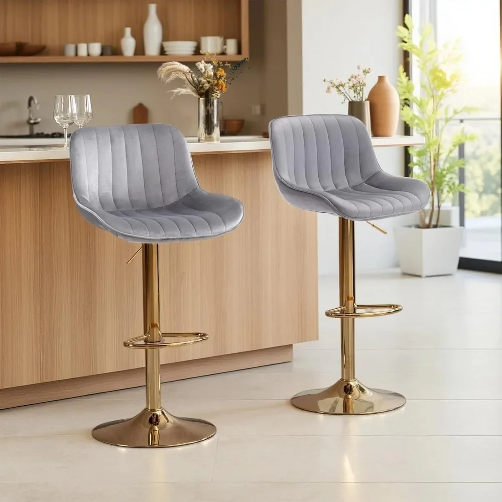 Modern Gold Velvet Bar Stools Set of 2 Swivel Counter Height with Back Adjustable Kitchen Island Stools for Home Decor