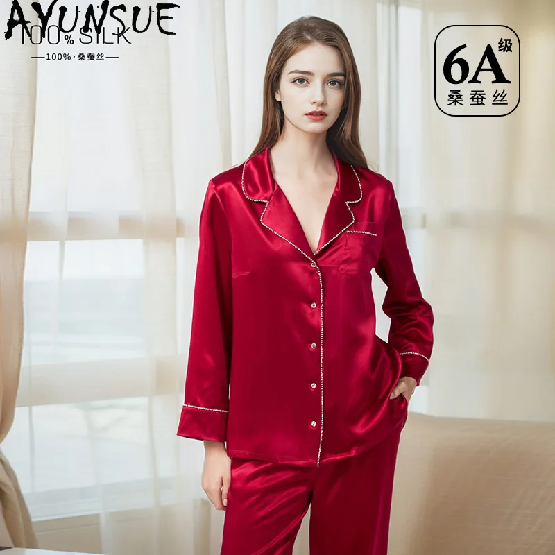 AYUNSUE Heavyweight Silk Pajamas for Women Luxury Pajama Sets Solid Color Long Sleeve Tops Long Pants Womens Matching Sets 잠옷