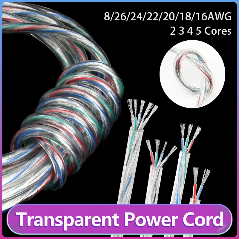 

Transparent Power Cord 28/26/24/22/20/18/16AWG 2 3 4 5 Cores PVC Insulation Tinned Copper Cable LED Light Wire Line 1/3/5/10/20M
