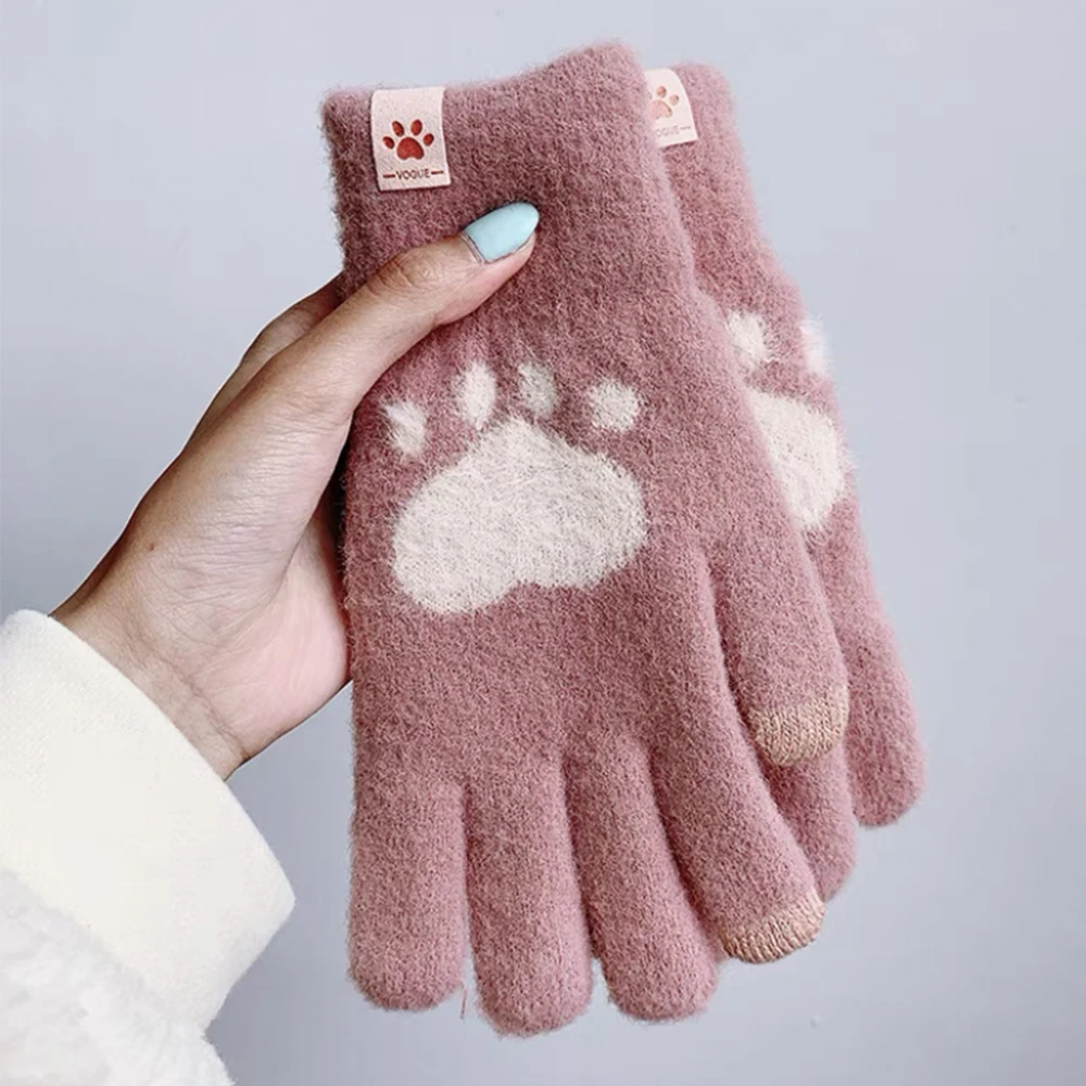 Guantes de punto con estampado de pata de gato para hombre y mujer, manoplas gruesas, suaves y esponjosas, cálidas, y pantalla táctil para teléfono móvil, Invierno