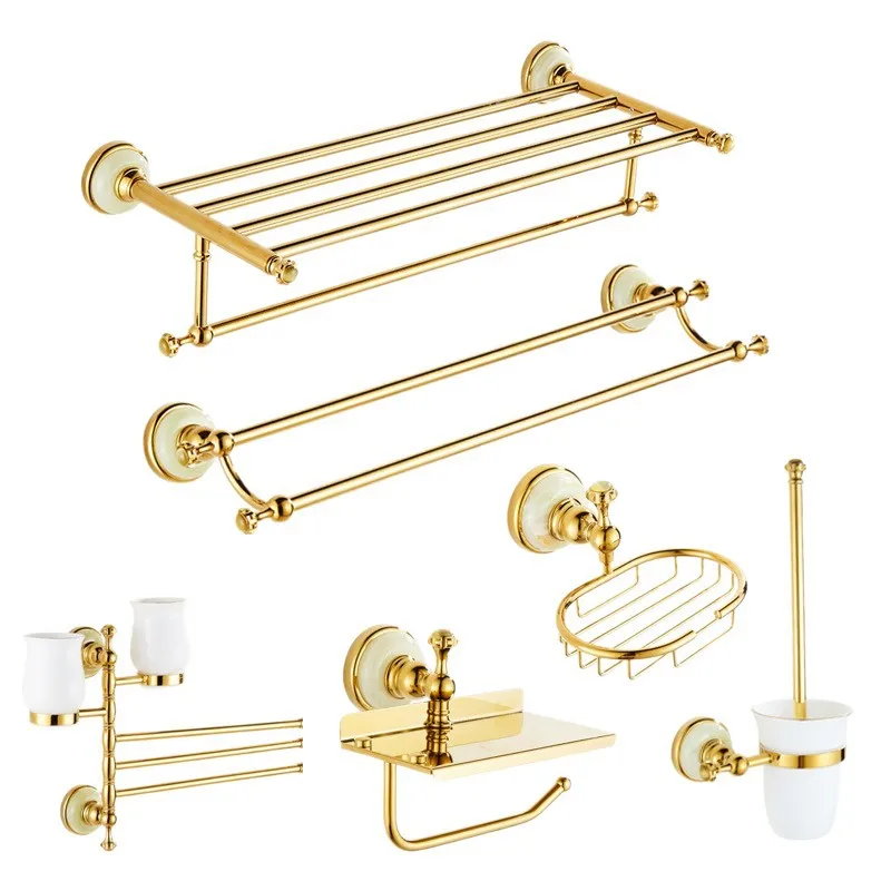 HYS French light luxury jade copper bathroom pendant set gold towel rack toilet rack