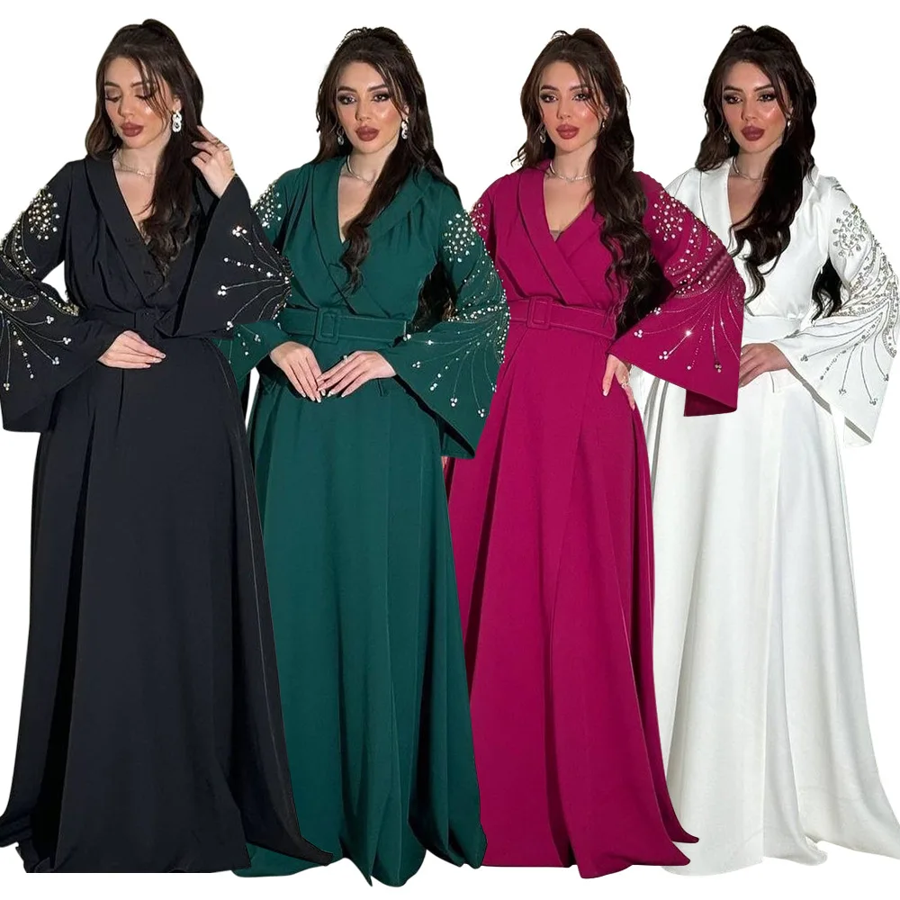 

Women Eid Muslim Dresses Dubai Morocco Flare Sleeve Party Dress Diamonds Solid Loose Gorgeous Long Robe Kaftan Abayas Sashes