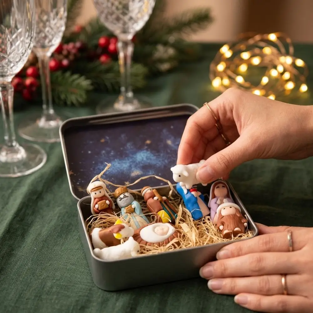 Metal Tin Box Mini Christmas Trough Set Hand Painted Holy Family Nativity Manger Scene Kit Shepherd Animal 3D Printed
